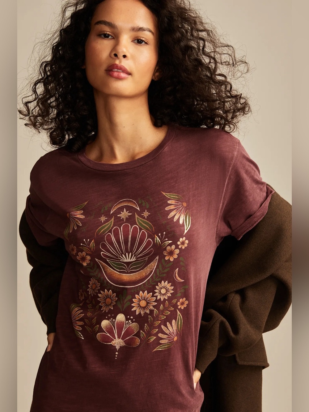 Lucky Brand Women's Geometric Mirror Floral Boyfriend Tee Medium